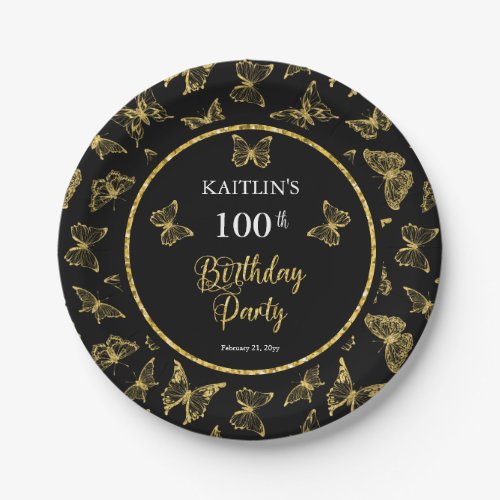 Elegant Black Gold Butterflies 100 Birthday Party Paper Plates