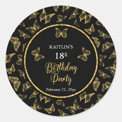 Elegant Black Gold Butterflies 18th Birthday Party Classic Round Sticker