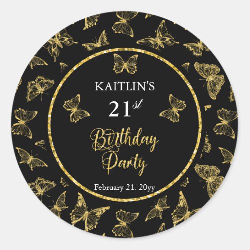 Elegant Black Gold Butterflies 21st Birthday Party Classic Round Sticker