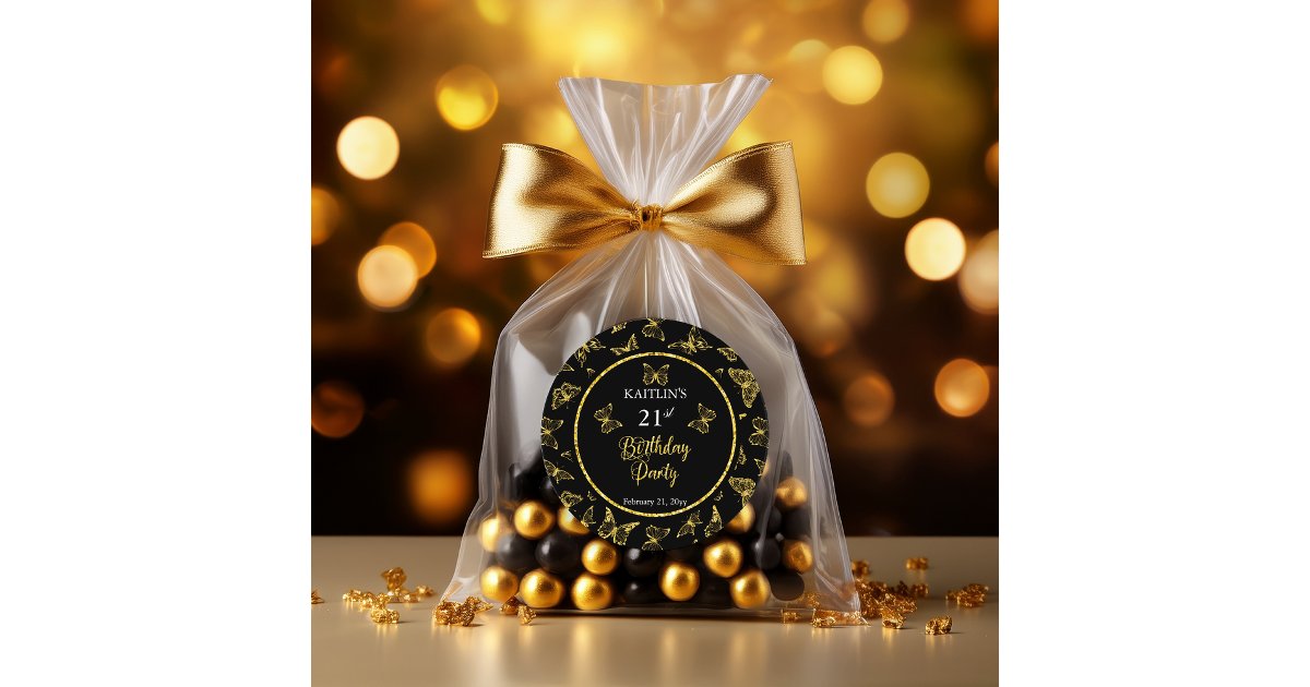 Elegant Black Gold Butterflies 21st Birthday Party Classic Round ...