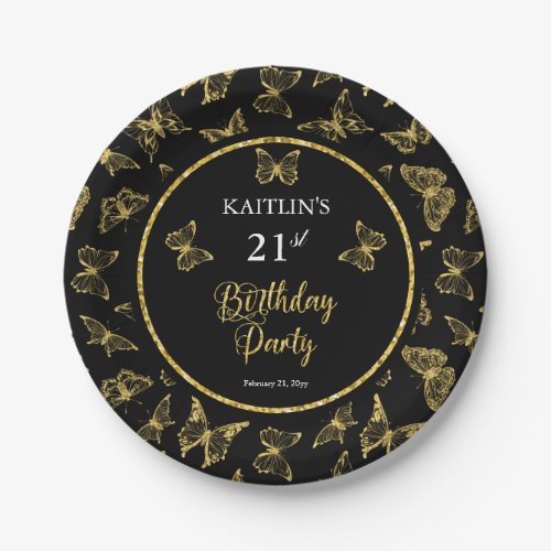 Elegant Black Gold Butterflies 21st Birthday Party Paper Plates