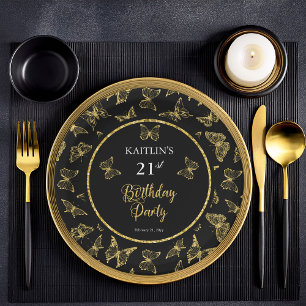 Elegant Black Gold Butterflies 21st Birthday Party Paper Plates