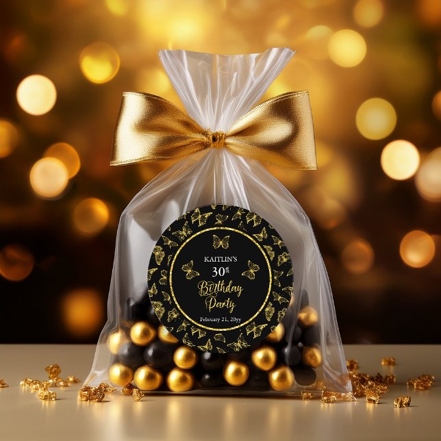 Elegant Black Gold Butterflies 30th Birthday Party Classic Round Sticker (Elegant Black and Faux Gold Glitter Butterflies 30th Birthday Party Classic Round Stickers)