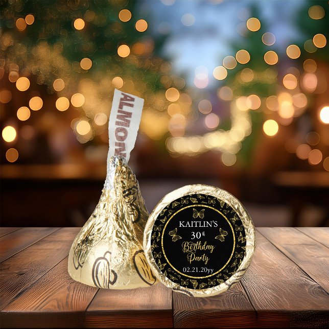 Elegant Black Gold Butterflies 30th Birthday Party Hershey®'s Kisses® (Elegant Black and Faux Gold Butterflies 30th Birthday Party  Party Hershey's Kisses)