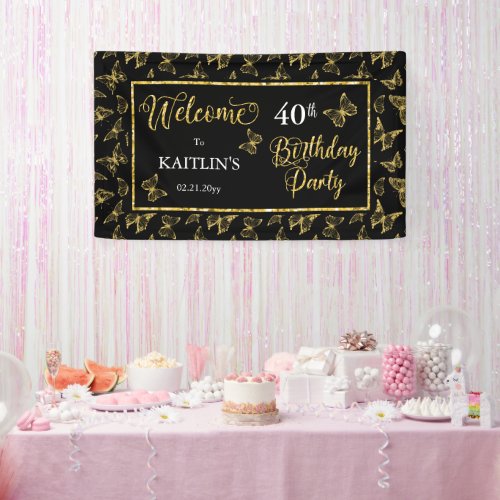 Elegant Black Gold Butterflies 40th Birthday Party Banner