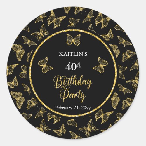 Elegant Black Gold Butterflies 40th Birthday Party Classic Round Sticker