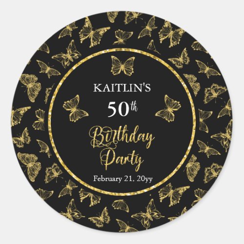 Elegant Black Gold Butterflies 50th Birthday Party Classic Round Sticker