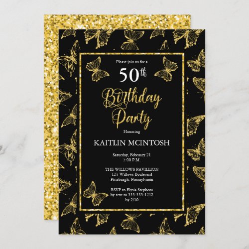 Elegant Black Gold Butterflies 50th Birthday Party Invitation