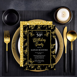 Elegant Black Gold Butterflies 50th Birthday Party Invitation