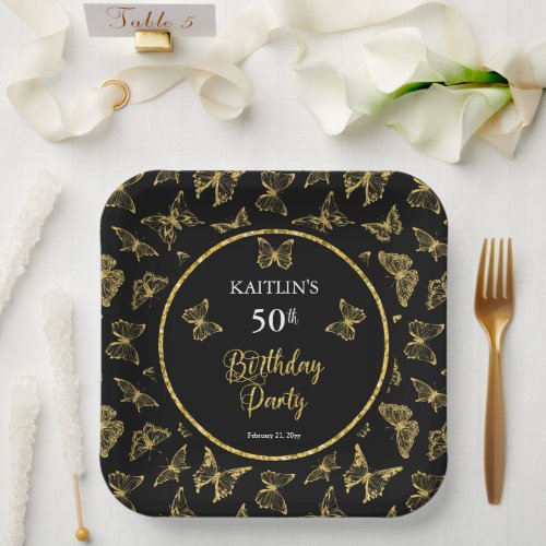 Elegant Black Gold Butterflies 50th Birthday Party Paper Plates