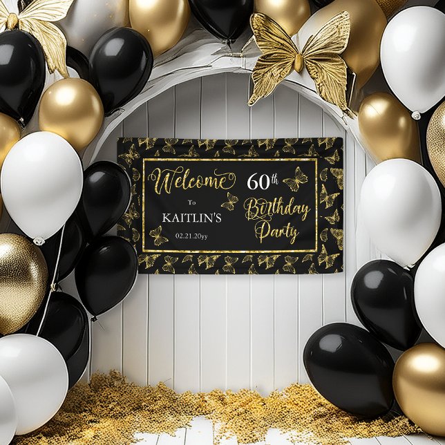 Elegant Black Gold Butterflies 60th Birthday Party Banner (Elegant Black and Faux Gold Glitter Butterflies 60th Birthday Party Banner)