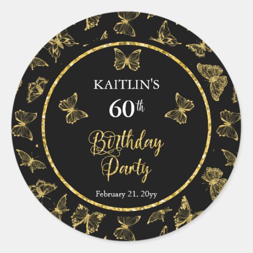 Elegant Black Gold Butterflies 60th Birthday Party Classic Round Sticker