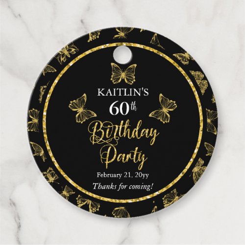 Elegant Black Gold Butterflies 60th Birthday Party Favor Tags