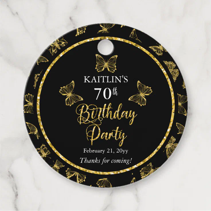 Elegant Black Gold Butterflies 70th Birthday Party Favor Tags