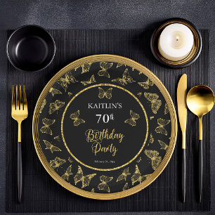 Elegant Black Gold Butterflies 70th Birthday Party Paper Plates