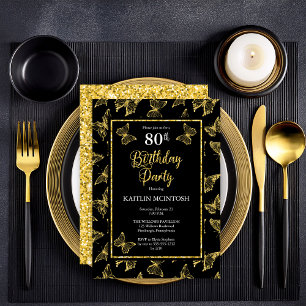 Elegant Black Gold Butterflies 80th Birthday Party Invitation