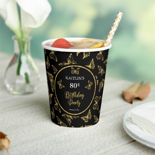Elegant Black Gold Butterflies 80th Birthday Party Paper Cups