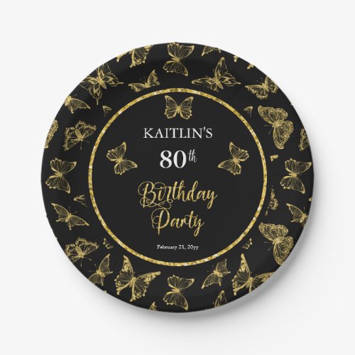 Elegant Black Gold Butterflies 80th Birthday Party Paper Plates