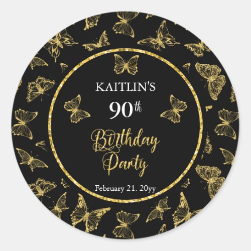 Elegant Black Gold Butterflies 90th Birthday Party Classic Round Sticker