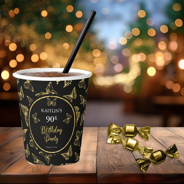 Elegant Black Gold Butterflies 90th Birthday Party Paper Cups (Elegant Black and Faux Gold Butterflies 90th Birthday Party  Party Paper Cups)