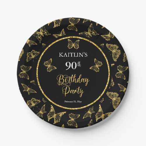 Elegant Black Gold Butterflies 90th Birthday Party Paper Plates