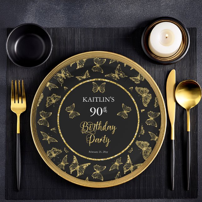 Elegant Black Gold Butterflies 90th Birthday Party Paper Plates (Elegant Black and Faux Gold Glitter Butterflies 90th Birthday Party Flat Paper Plates)