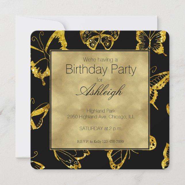 Elegant Black Gold Butterflies Birthday Invitation (Front)