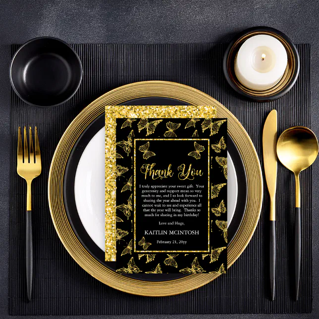 Elegant Black Gold Butterflies Birthday Party Thank You Card | Zazzle
