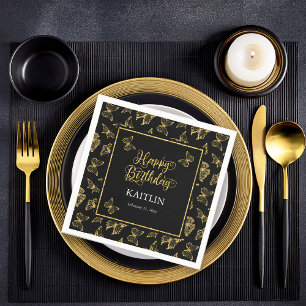 Elegant Black Gold Butterflies Happy Birthday Napkins
