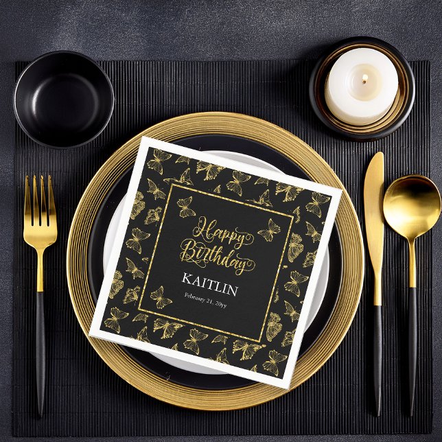 Elegant Black Gold Butterflies Happy Birthday Napkins (Elegant Black and Faux Gold Butterflies "Happy Birthday" Party Paper Napkins)