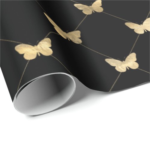 Elegant Black Gold Butterfly Pattern Wrapping Paper