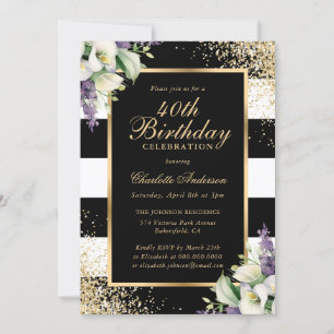 Elegant Black Gold Calla Lily 40th Birthday Invitation