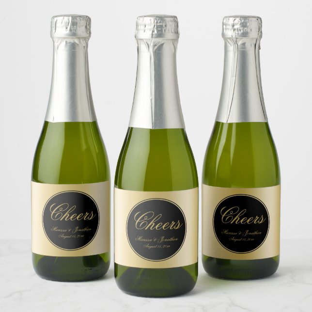 Elegant Black Gold Calligraphy Cheers Wedding Sparkling Wine Label (Bottles)