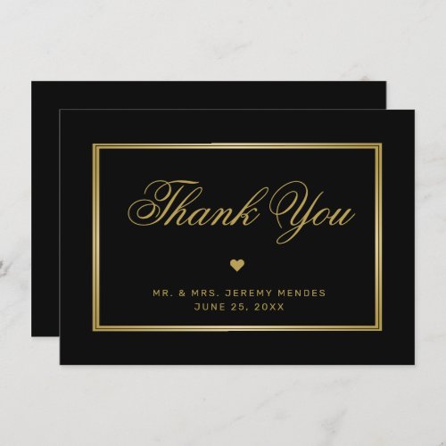 Elegant Black Gold Calligraphy Heart Photo Wedding Thank You Card