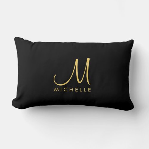 Elegant Black  Gold Calligraphy Monogram Name Lumbar Pillow