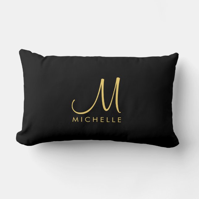 Elegant Black & Gold Calligraphy Monogram Name Lumbar Pillow (Front)