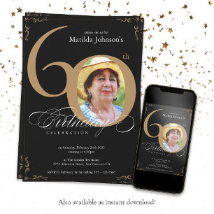 Elegant Black Gold Calligraphy Photo 60th Birthday Invitation