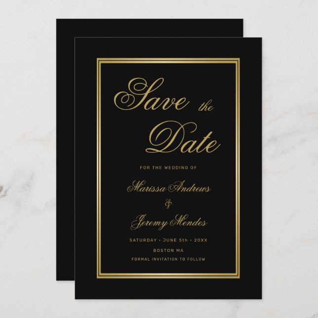 Elegant Black Gold Calligraphy Photo Save the Date Invitation (Front/Back)