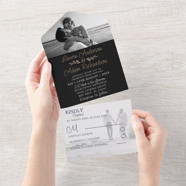 Elegant Black & Gold Calligraphy Photo Wedding All In One Invitation (Tearaway)