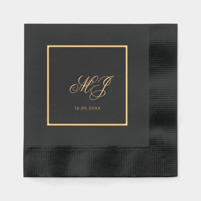 Elegant Black Gold Calligraphy Script Wedding Foil Napkins (Front)