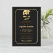Elegant Black | Gold Cap College Graduation Party Invitation (Standing Front)