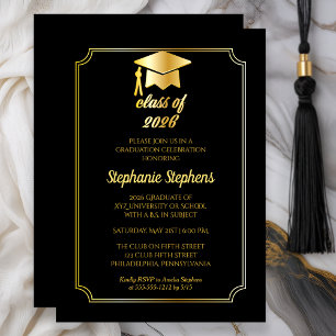 Elegant Black   Gold Cap College Graduation Party Invitation