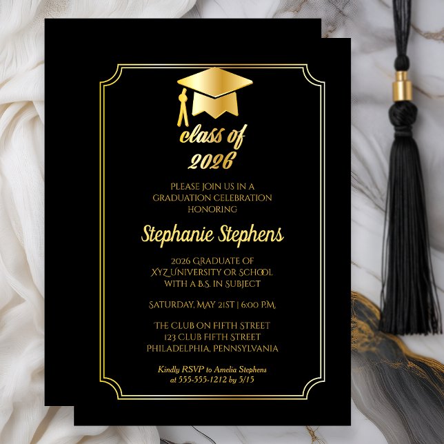 Elegant Black | Gold Cap College Graduation Party Invitation (Class of 2026 Elegant Black Gold College Graduation Party)
