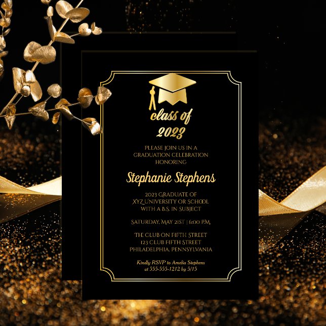 Elegant Black | Gold Cap College Graduation Party Invitation