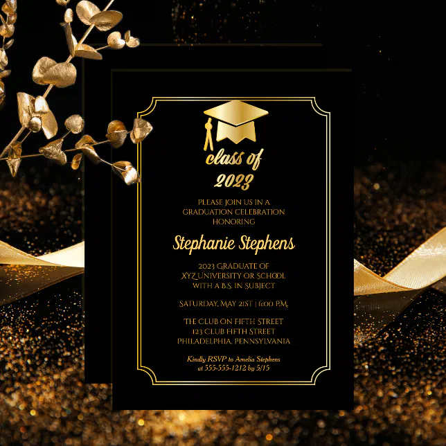 Elegant Black | Gold Cap College Graduation Party Invitation | Zazzle