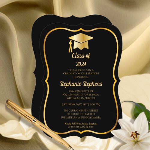 Elegant Black  Gold Cap Graduation Party Invitation