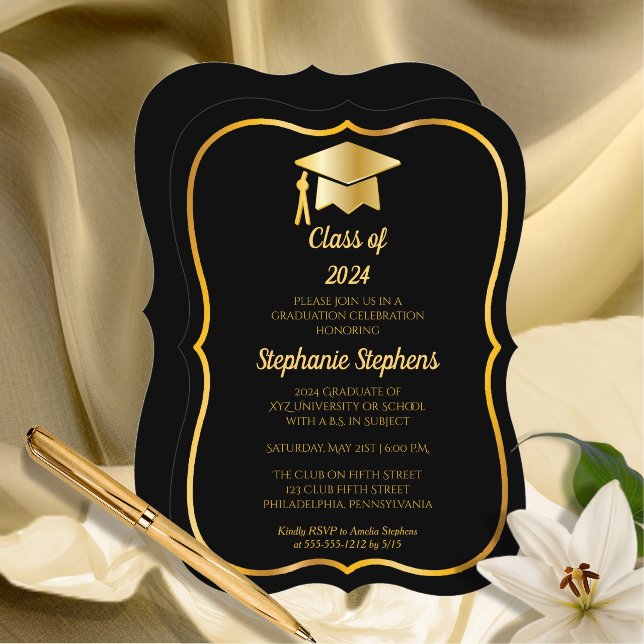Elegant Black | Gold Cap Graduation Party Invitation