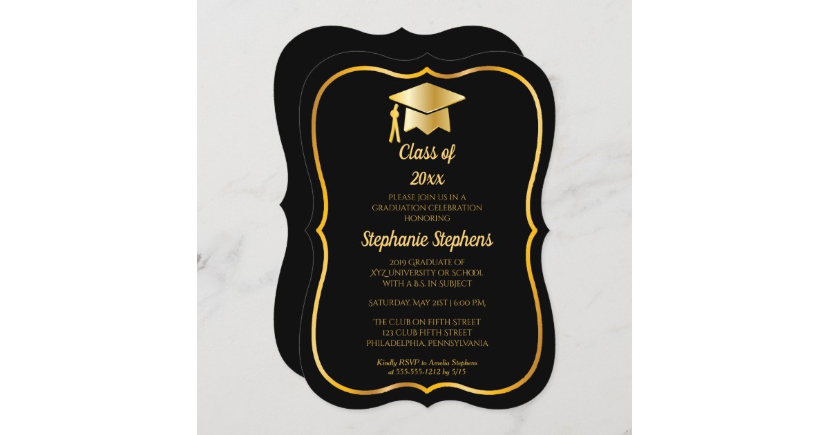 Elegant Black | Gold Cap Graduation Party Invitation | Zazzle.com