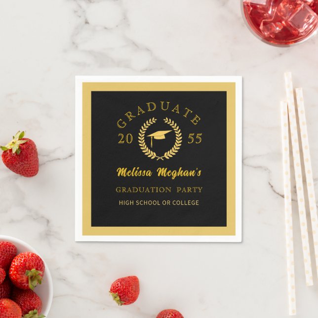 Elegant Black Gold Cap Laurel Wreath Grad Party  Napkins (Insitu)