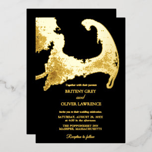 Elegant black gold Cape Cod Map Wedding Foil Invitation